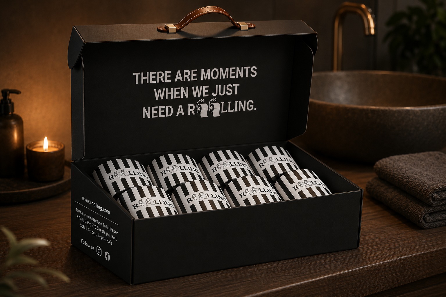 ROOLLING gift box opened to reveal tissue-wrapped rolls