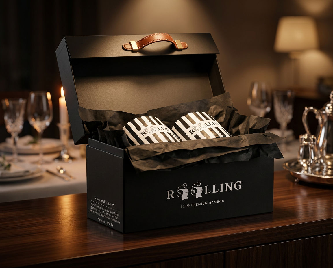 ROOLLING black gift box with leather handle, opened to reveal tissue-wrapped rolls