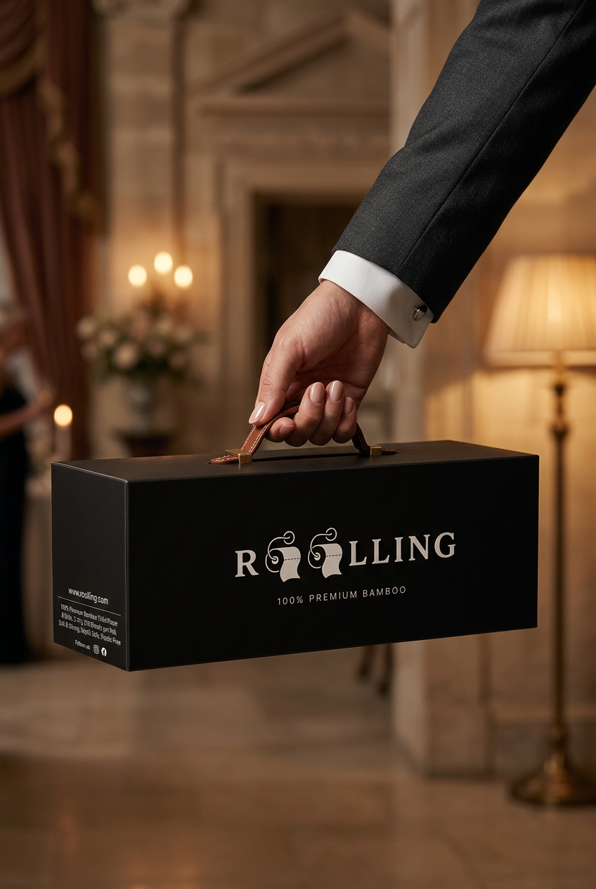 A hand in a tailored suit presenting the ROOLLING gift box at a dinner party