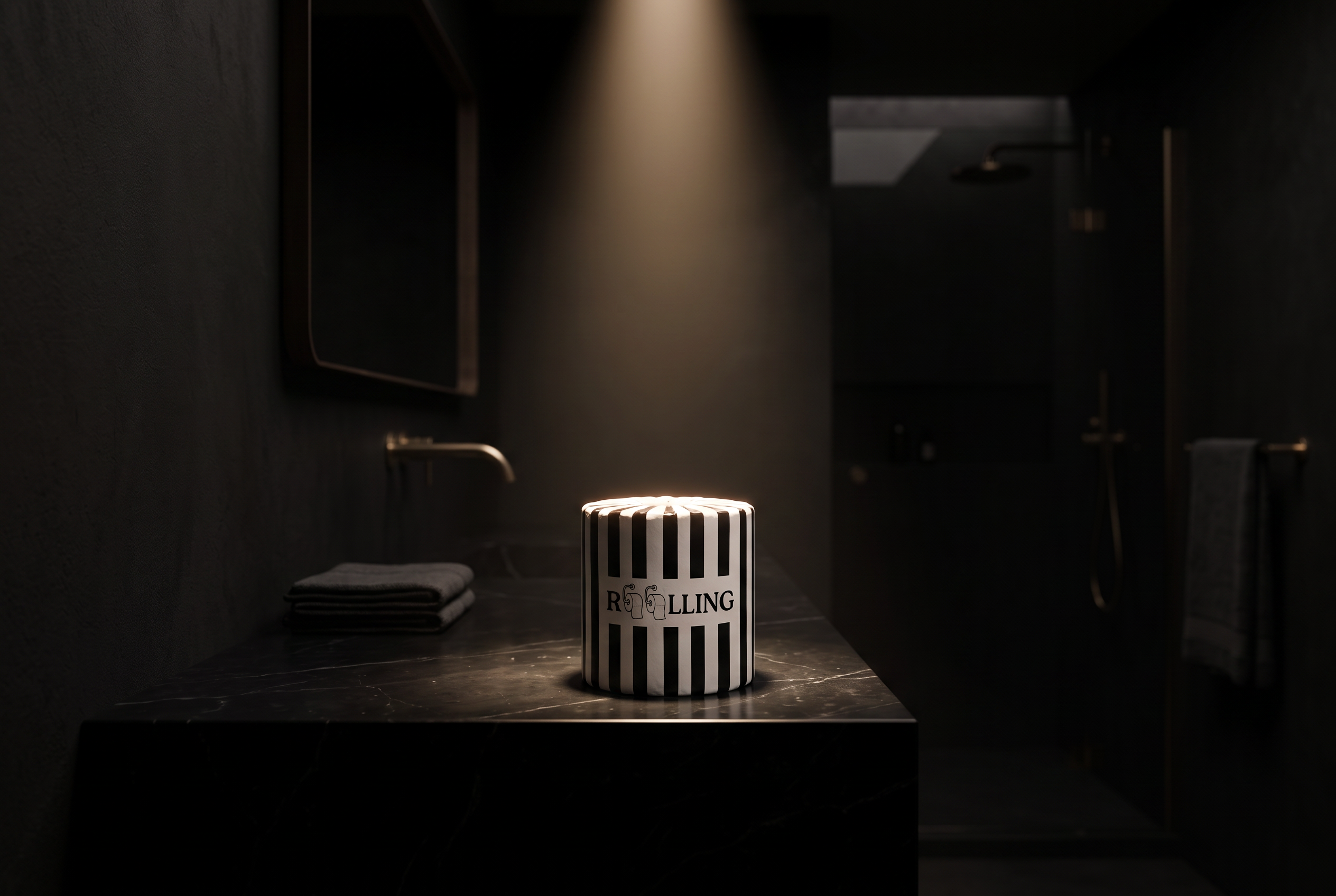 ROOLLING striped bamboo toilet paper roll lit like a museum object on black marble