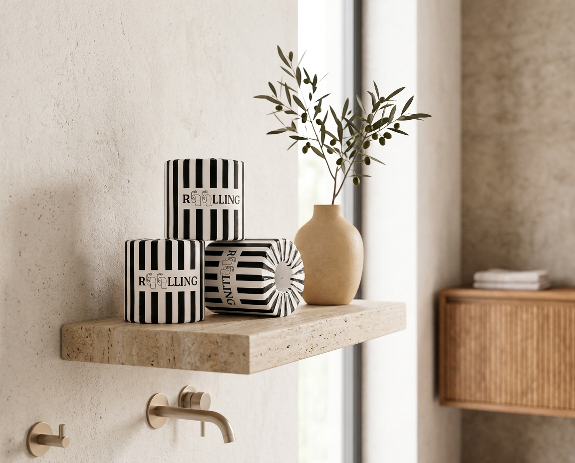 Three ROOLLING rolls arranged on a travertine shelf in a spa-like bathroom